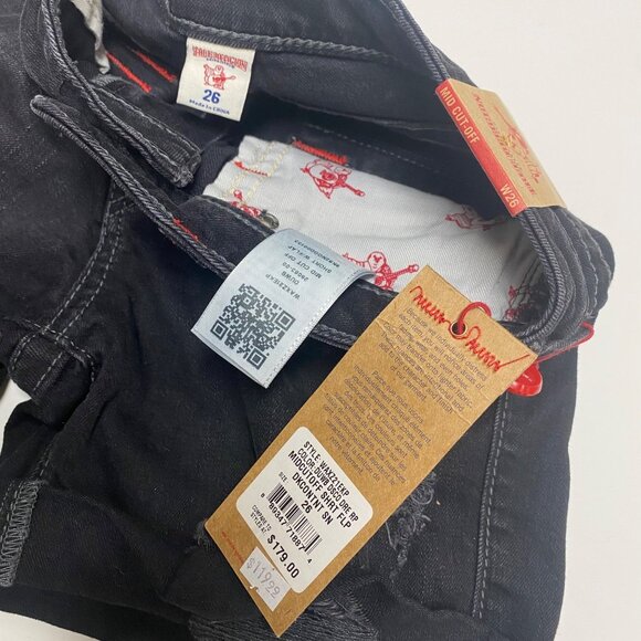 size 26 NEW True Religion mid rise cut off flap pocket black denim shorts $179 s - Picture 3 of 10